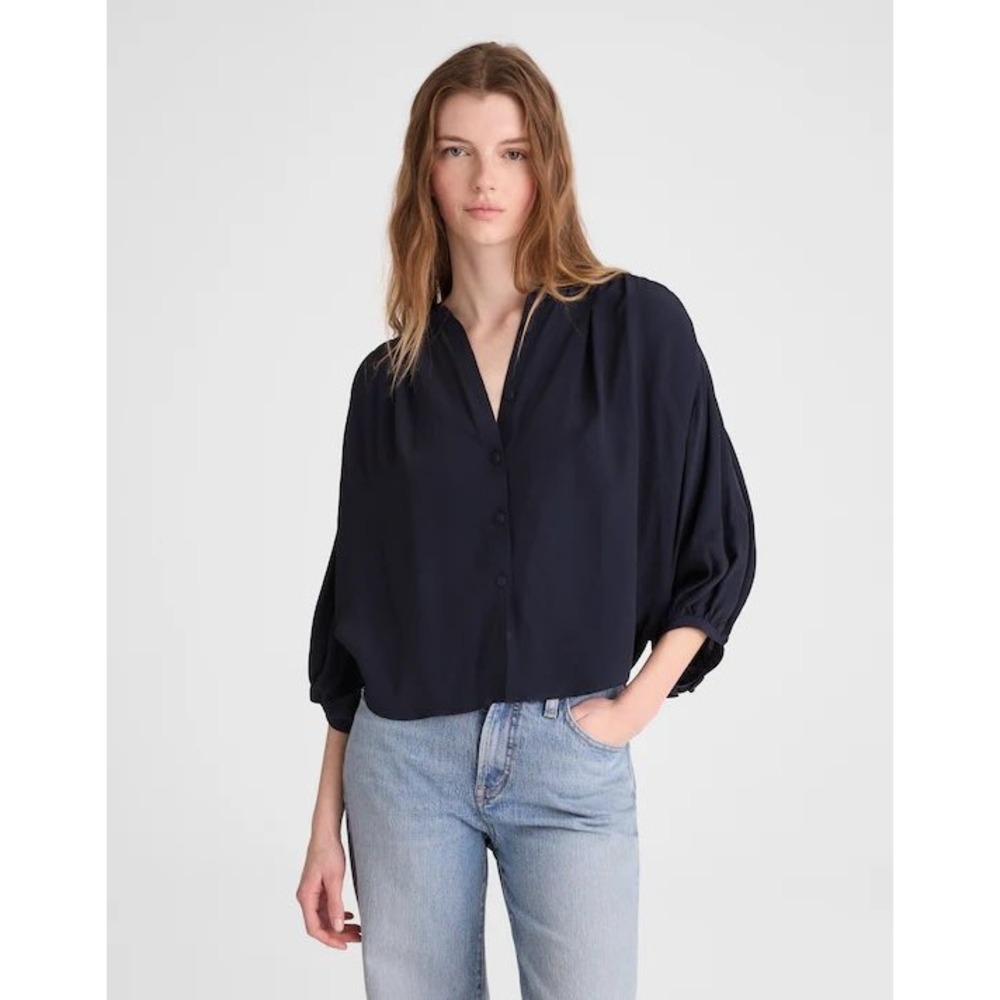 Madewell Womens Button Front Balloon Sleeve Top Navy Blue NZ422 Size L‎ NWT